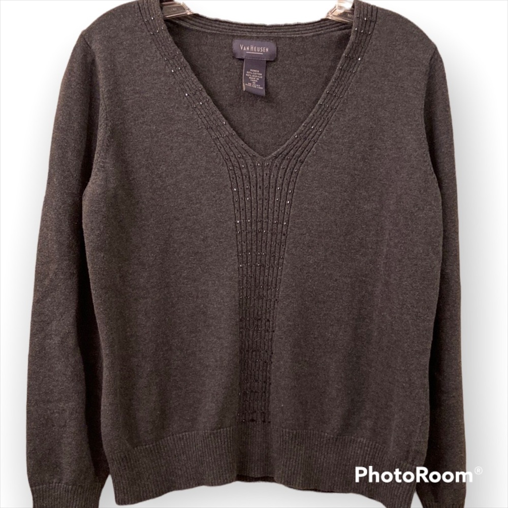 Van Heusen Sweater V Neck Sparkling Beads Charcoal Grey WM SZ M 🥰✨